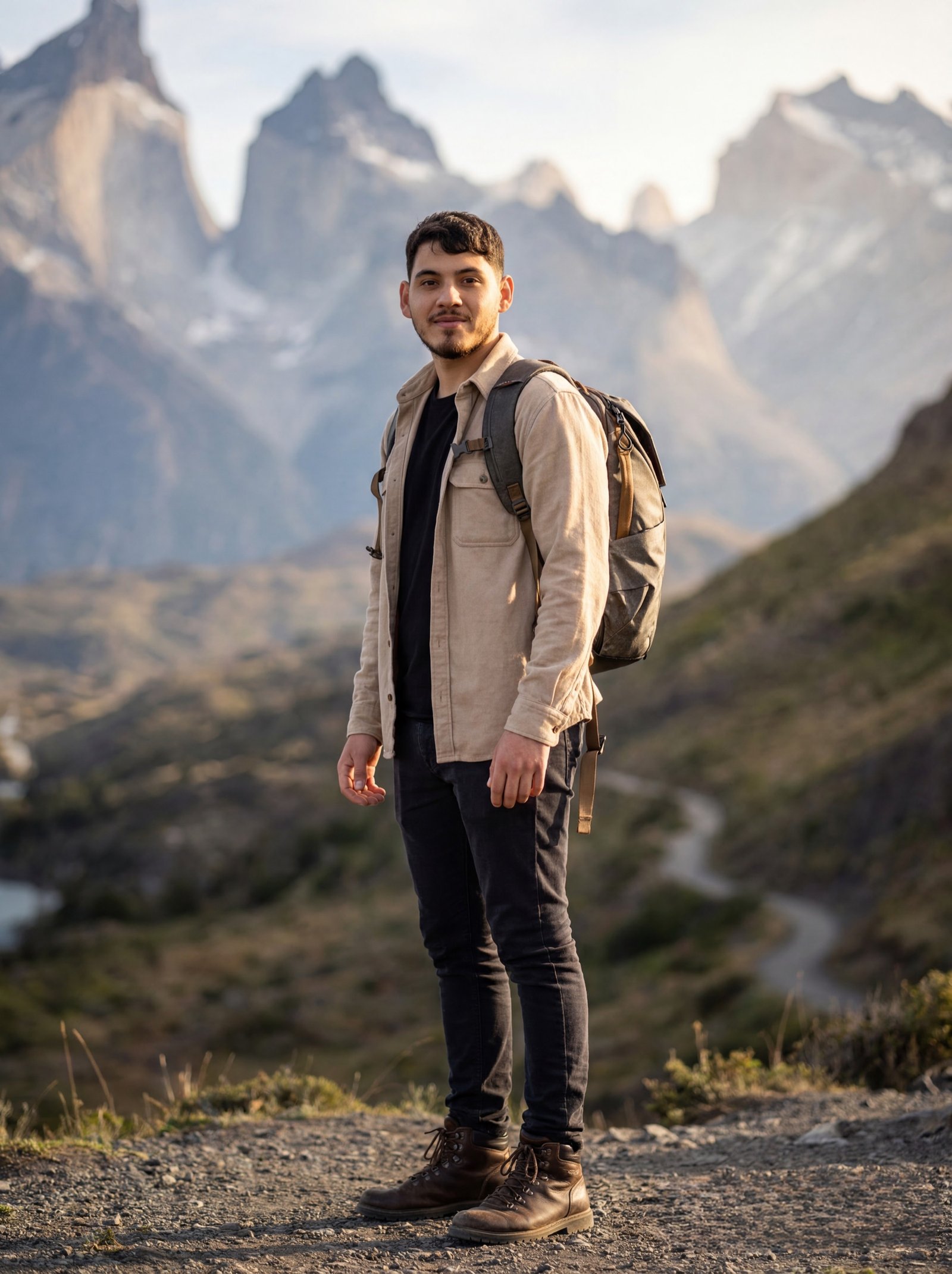 Facu con su mochila de trekking frente a las montañas de la Patagonia